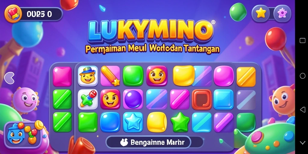 Tampilan gameplay LUKYMINO dengan elemen berwarna dan tantangan Match-3.